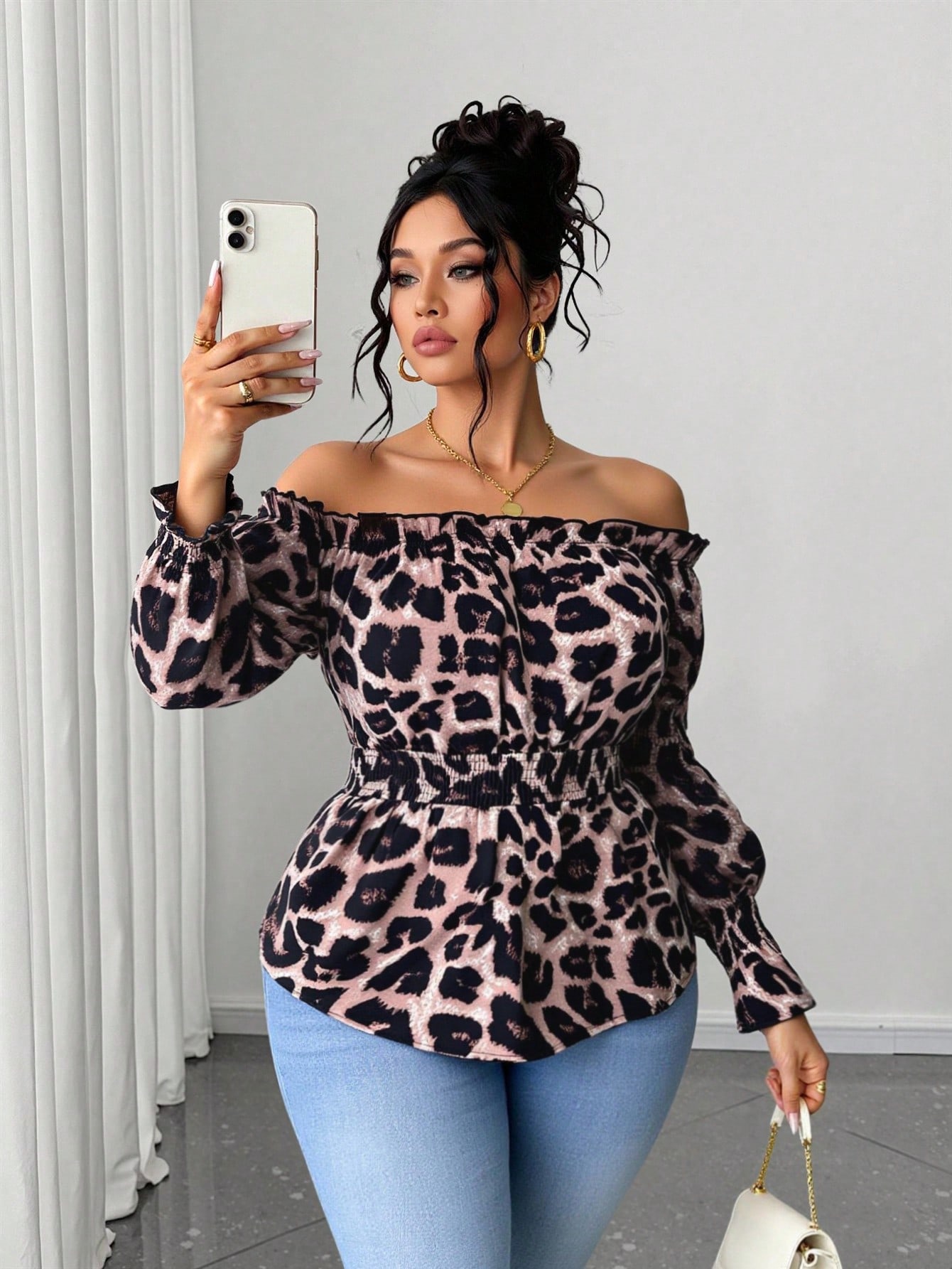 Blouse Off Shoulder - Damska bluzka plus size z nadrukiem