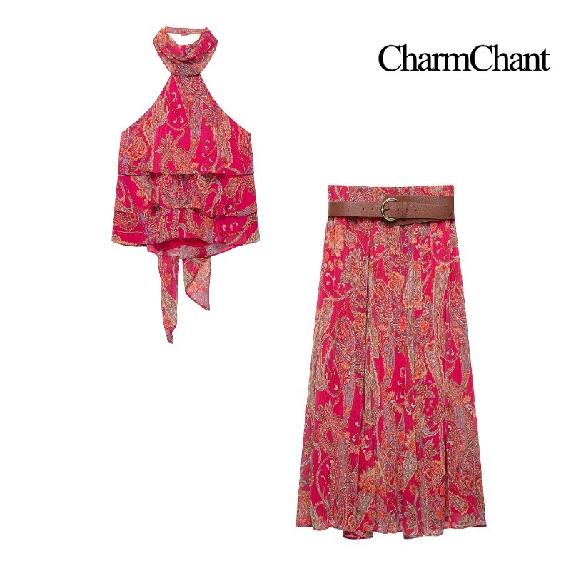 Romper Floral Print - CHARMCHANT Damski Zestaw Dwuczęściowy: Top Bez