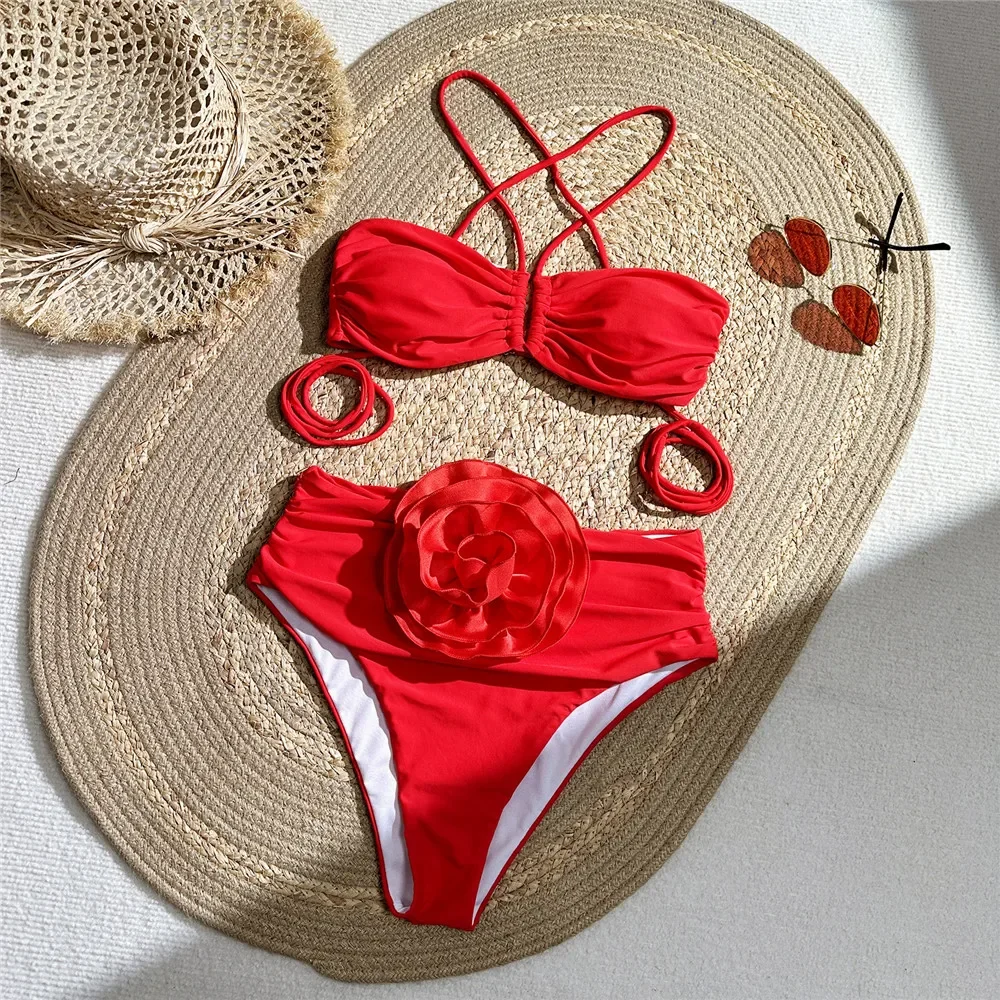 Swimsuit Bikini Ruched - Seksowny czerwony kwiat 3D stroje kąpielowe