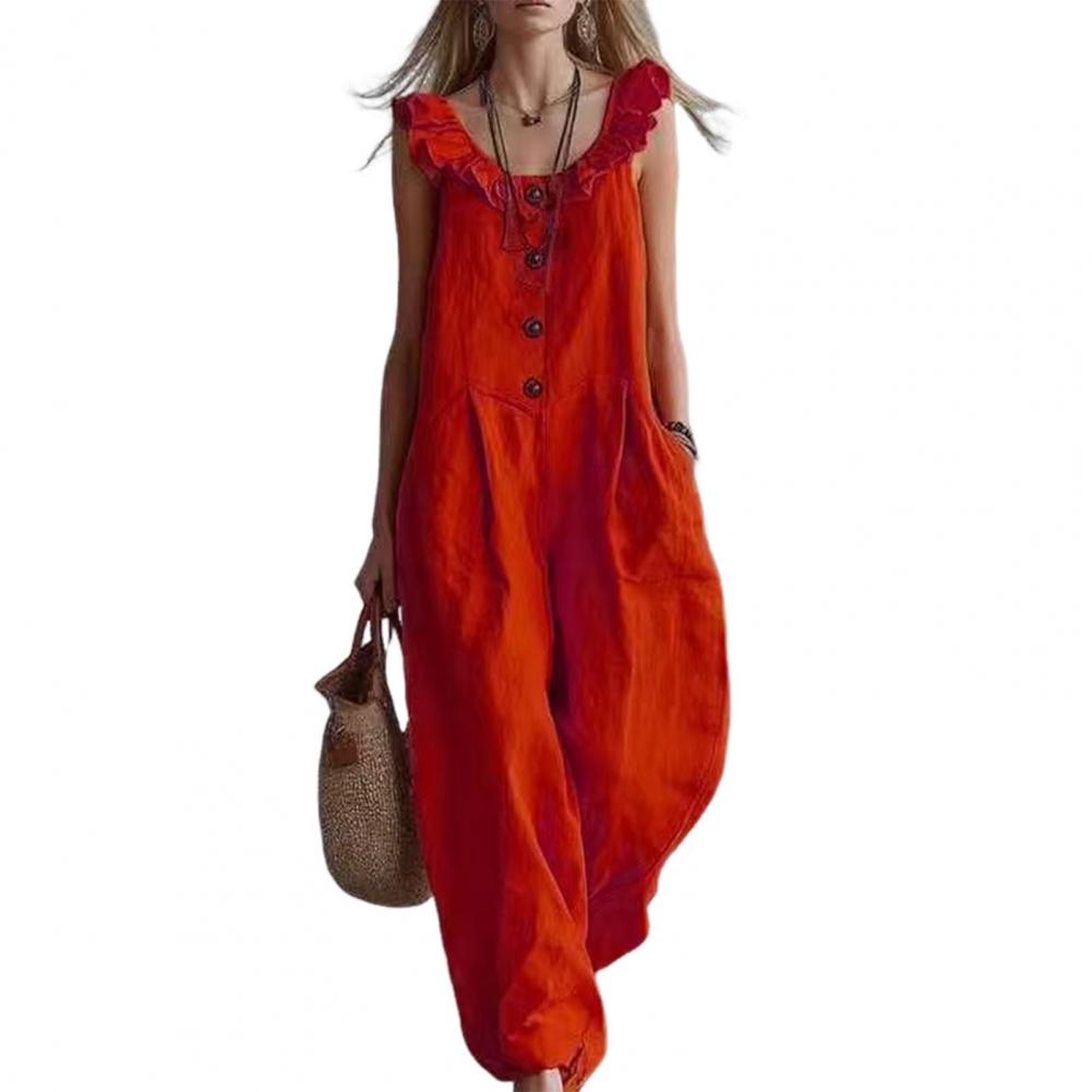 Jumpsuit Linen Relaxed - Luźny kombinezon damski z falbankami przy