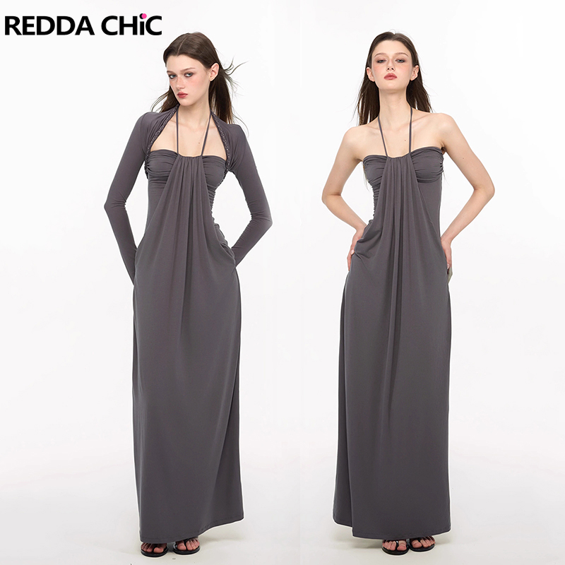 Maxi Dress Halter - Elegancki zestaw: pleciony bolerko-kardigan i sukienka