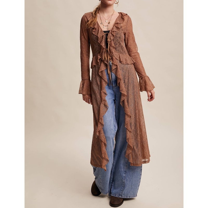 Kimono Sheer Floral - Damska długa bluzka z kwiatową koronką
