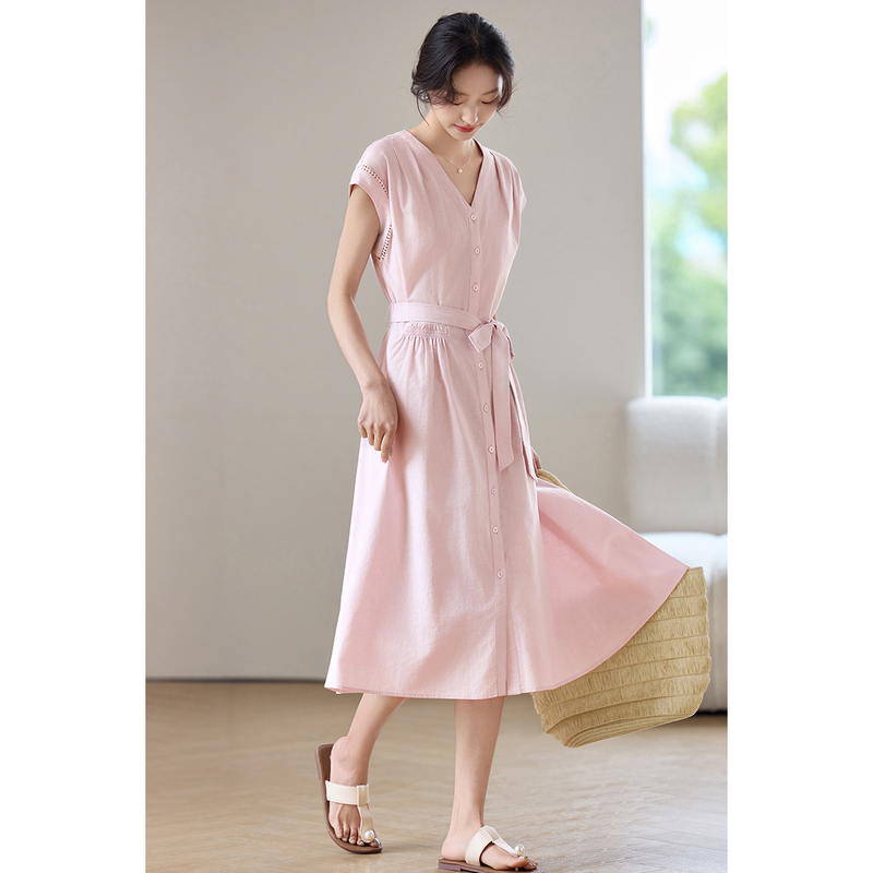 Linen Dress Wrap - SENTUBILA Damskie Sukienki Midi Różowe Bawełniane