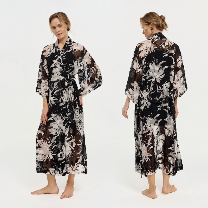 Kimono Sheer Floral - Damski czarno-biały szlafrok kimono z kwiatowym